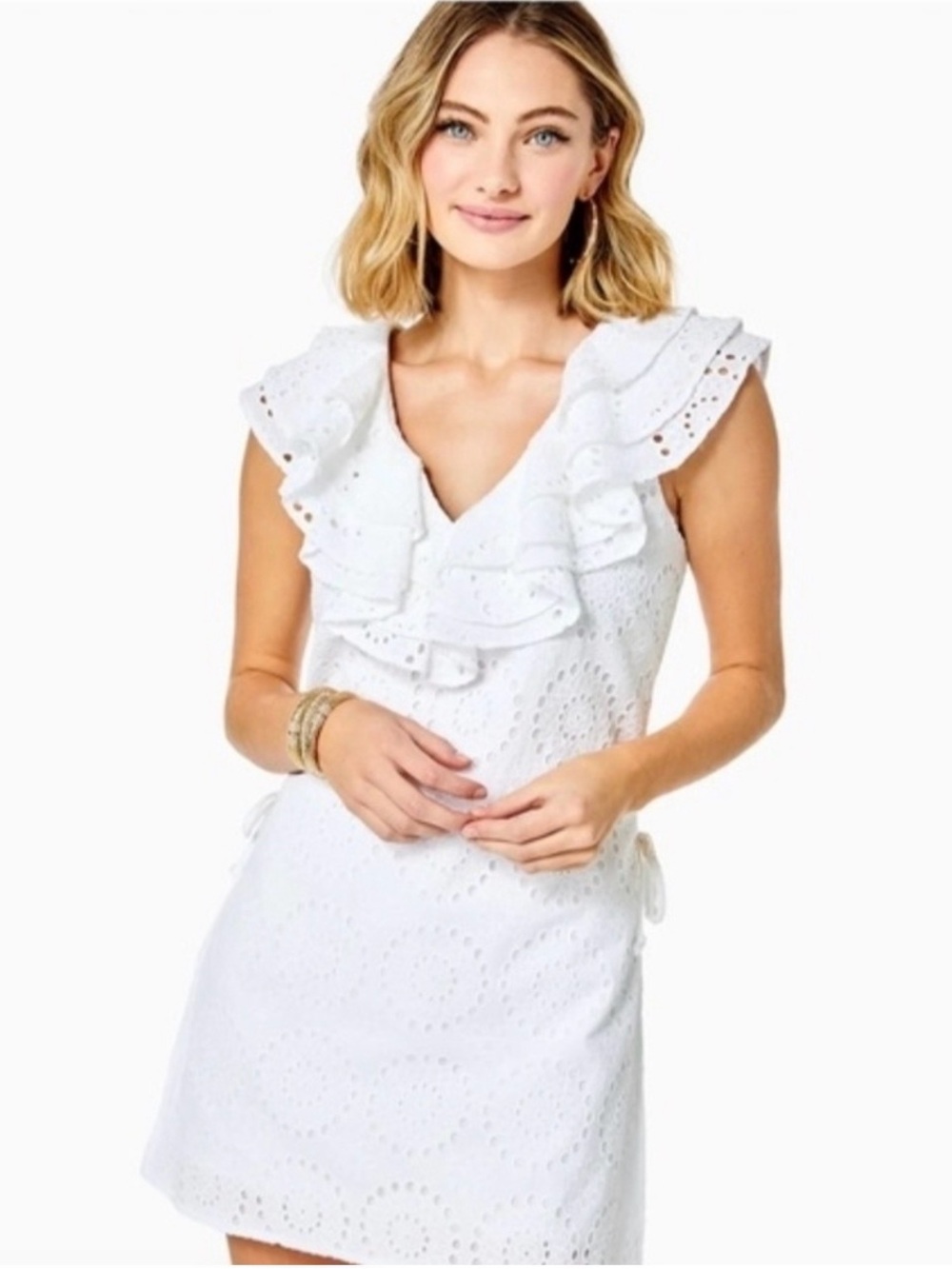 Lilly Pulitzer Emiline White Circle Bloom Eyelet Ruffle Romper Mini Dress